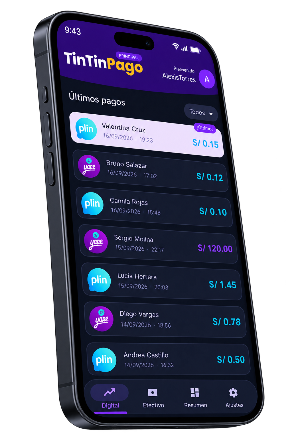 Captura de la app TinTinPago mostrando el historial de pagos recibidos por Yape y Plin